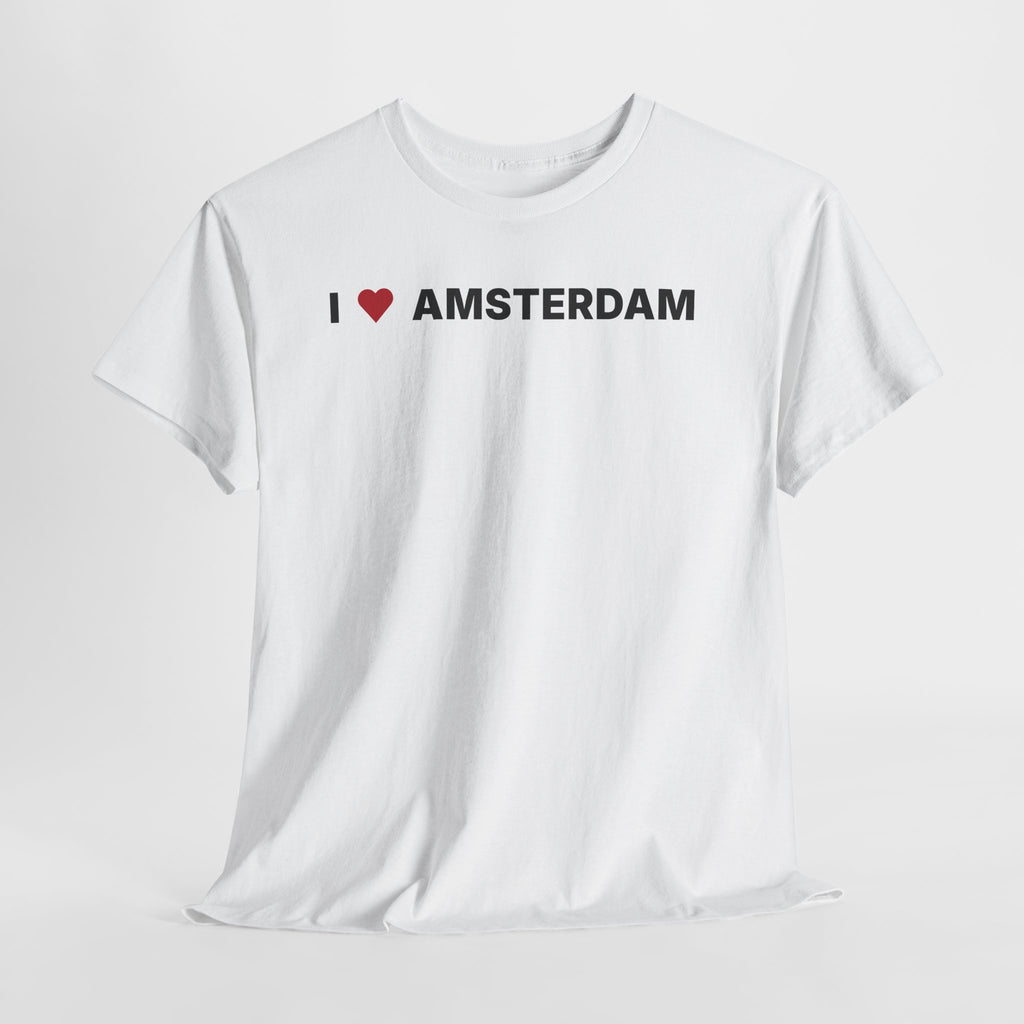 White t-shirt with 'I ❤️ AMSTERDAM' text on a light gray background. I Love Amsterdam White Tee – Amsterdam Netherlands Graphic T-Shirt for Travel & Streetwear