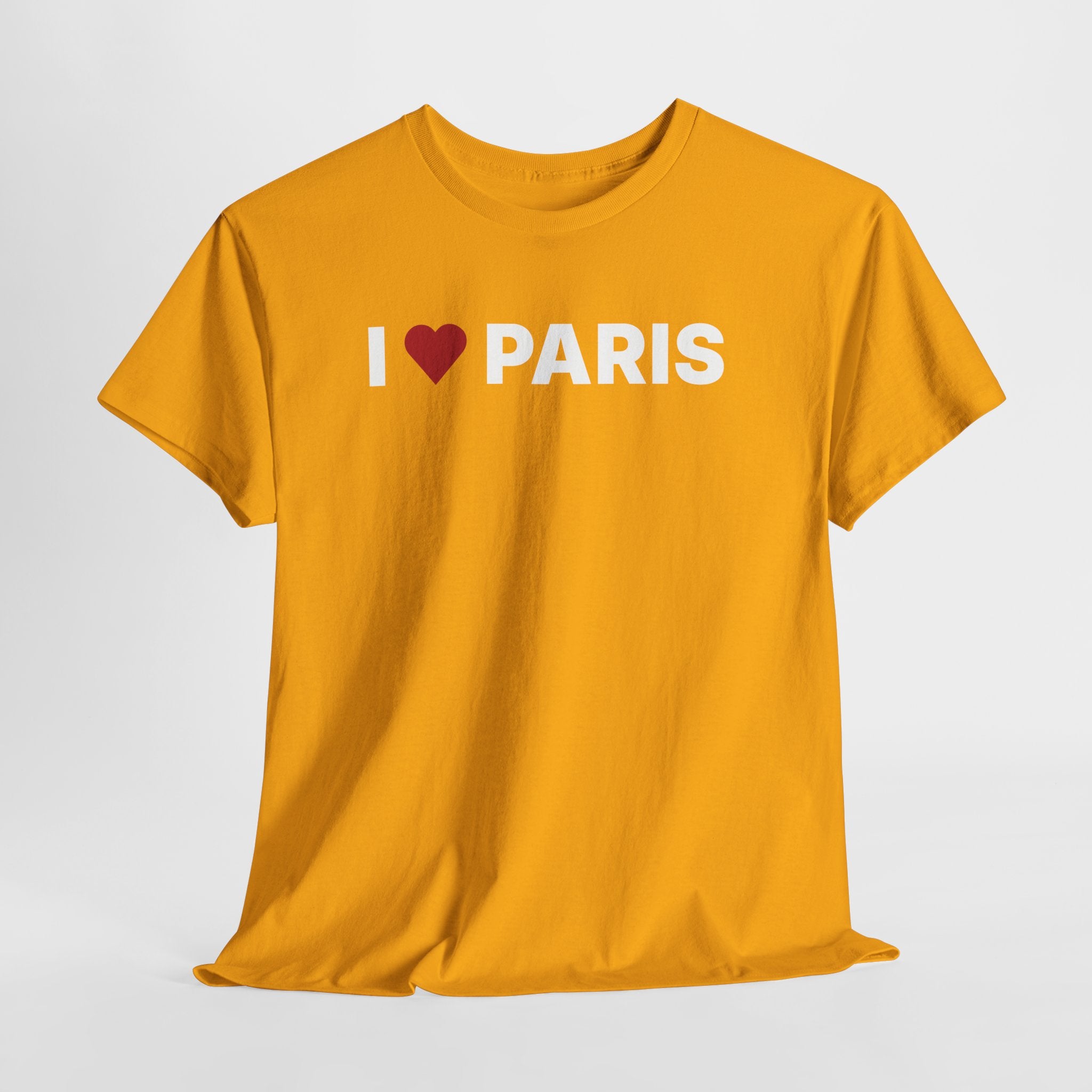Yellow t-shirt with 'I ❤️ TOKYO' text on a white background. I Love Paris T-Shirt – Paris France Graphic Tee for Travel & Streetwear
