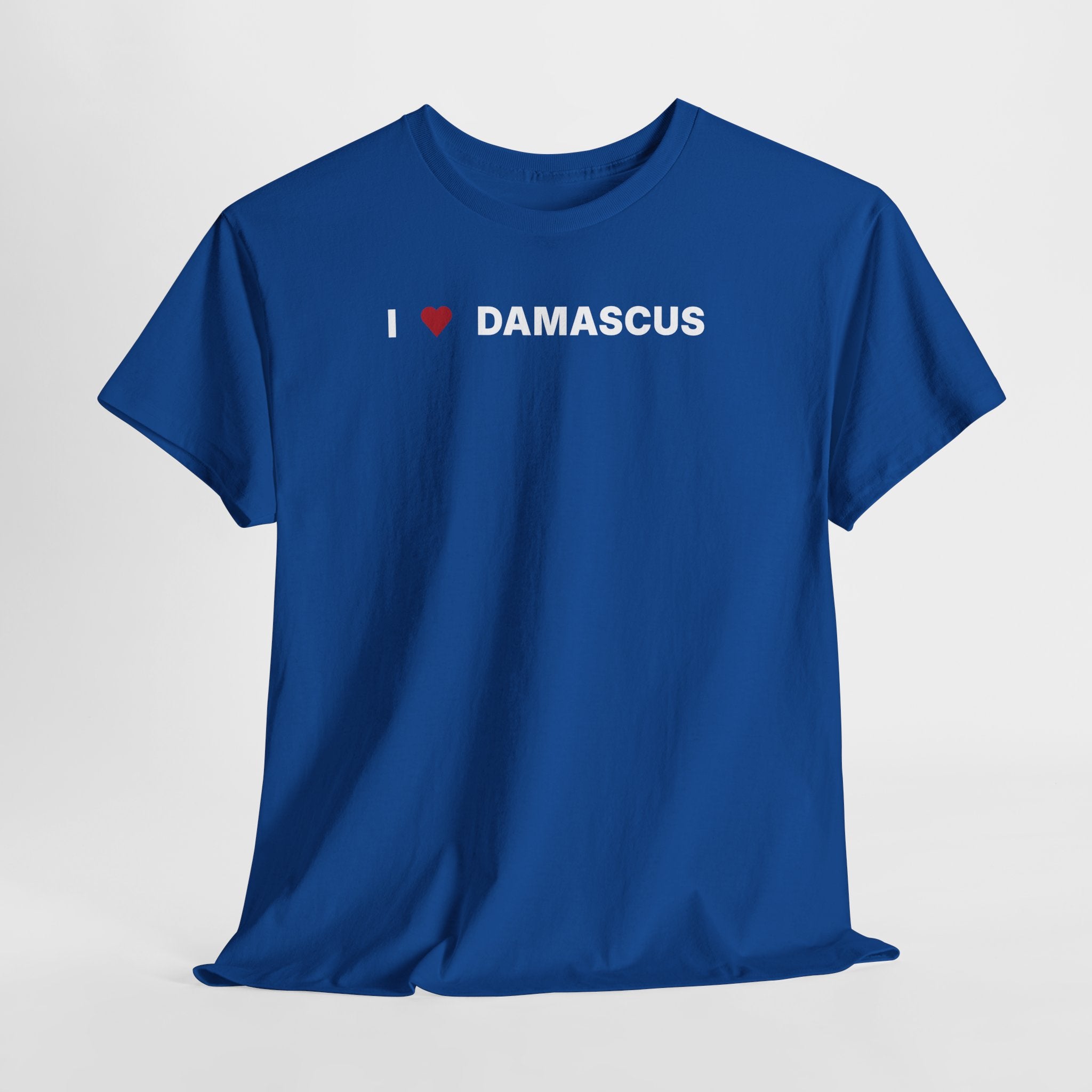 Blue t-shirt with 'I ❤️ DAMASCUS' text on a light gray background
