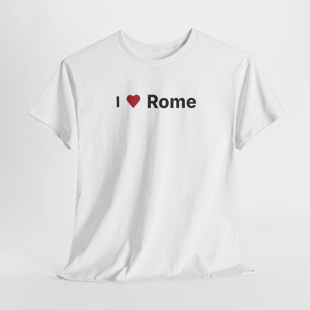 White t-shirt with 'I ❤️ Rome' text on a light gray background. I Love Rome White Tee – Rome Italy Graphic T-Shirt for Travel & Streetwear