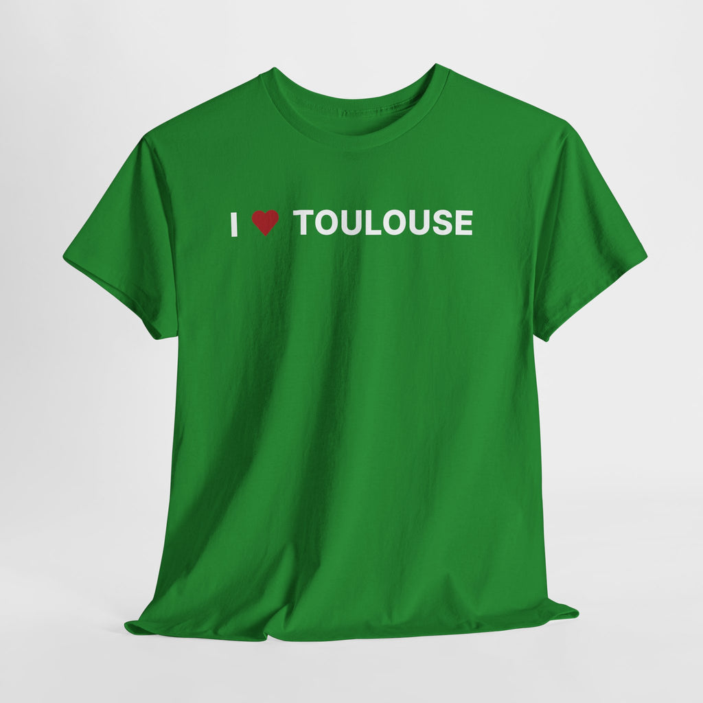 Green t-shirt with 'I ❤️ TOULOUSE' text on a white background. I Love Toulouse T-Shirt – Toulouse France Graphic Tee for Travel & Streetwear