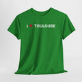 Green t-shirt with 'I ❤️ TOULOUSE' text on a white background. I Love Toulouse T-Shirt – Toulouse France Graphic Tee for Travel & Streetwear