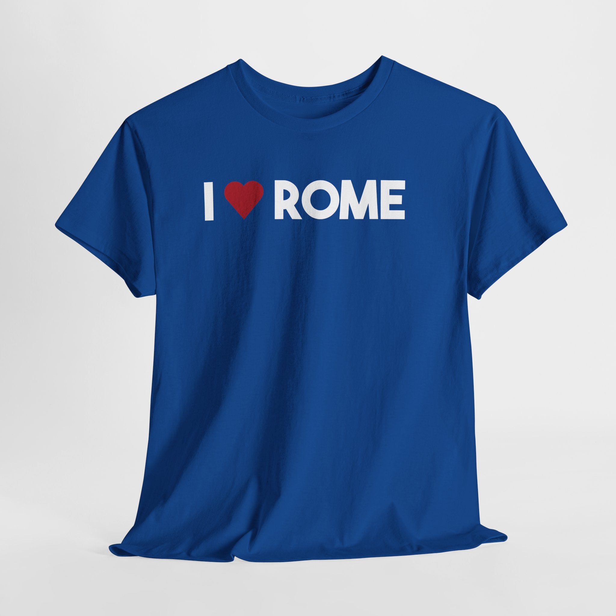 Blue t-shirt with 'I ❤️ ROME' text on a light gray background. I Love Rome T-Shirt – Rome Italy Graphic Tee for Travel & Streetwear

