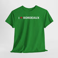 Green t-shirt with 'I ❤️ BORDEAUX' text on a white background. I Love Bordeaux T-Shirt – Bordeaux France Graphic Tee for Travel & Streetwear