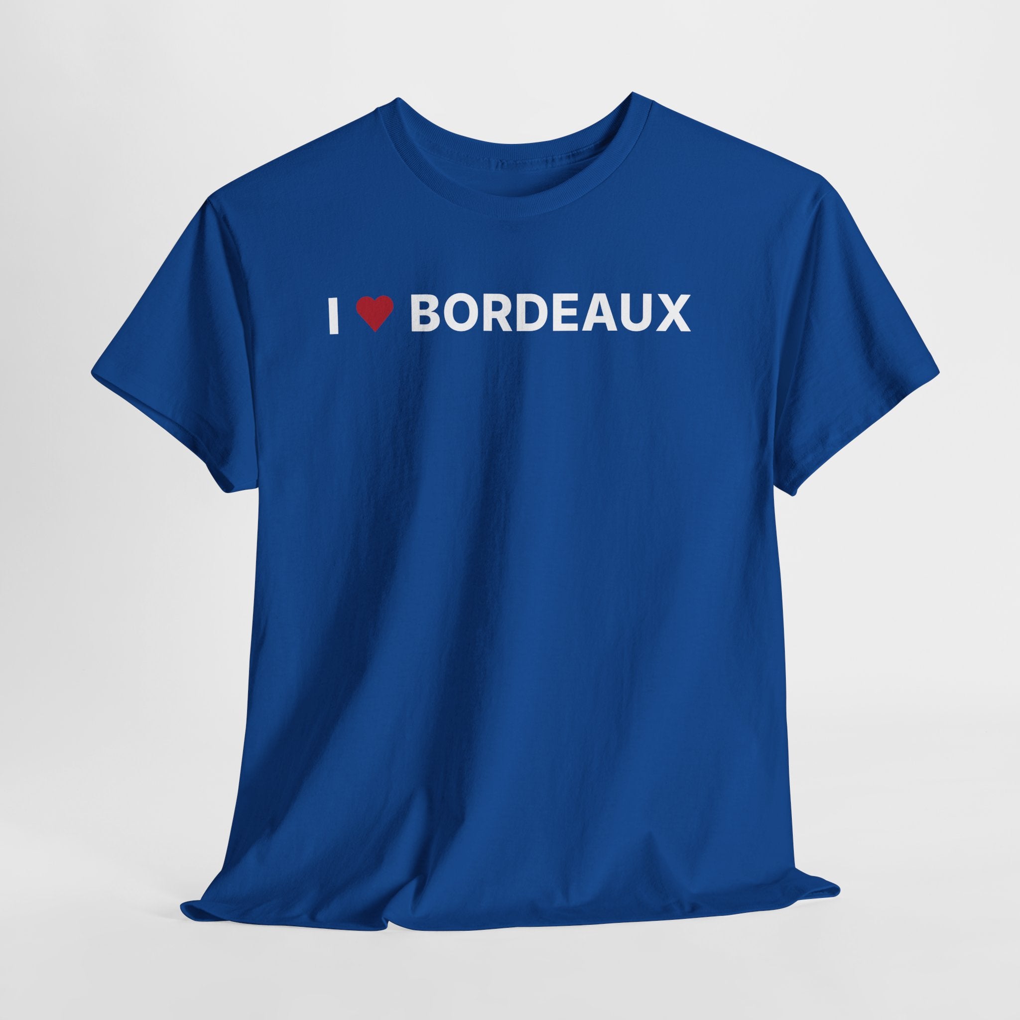 Blue t-shirt with 'I ❤️ BORDEAUX' text on a light gray background.  I Love Bordeaux T-Shirt – Bordeaux France Graphic Tee for Travel & Streetwear