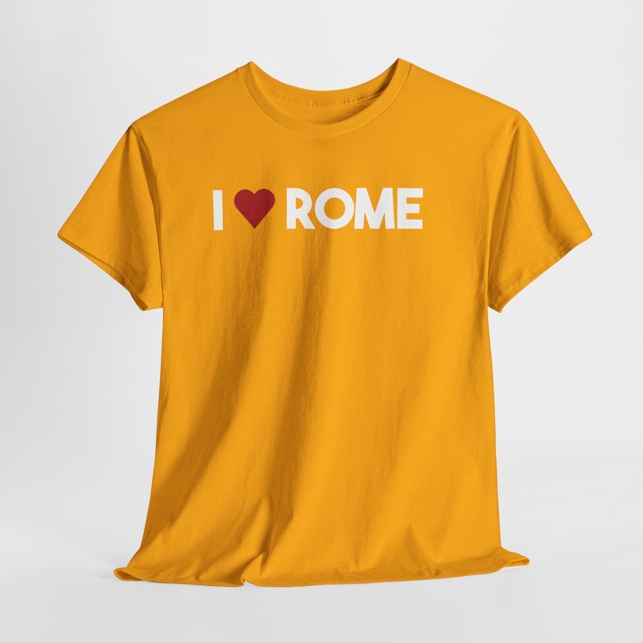 Yellow t-shirt with 'I ❤️ ROME' text on a white background. I Love Rome T-Shirt – Rome Italy Graphic Tee for Travel & Streetwear

