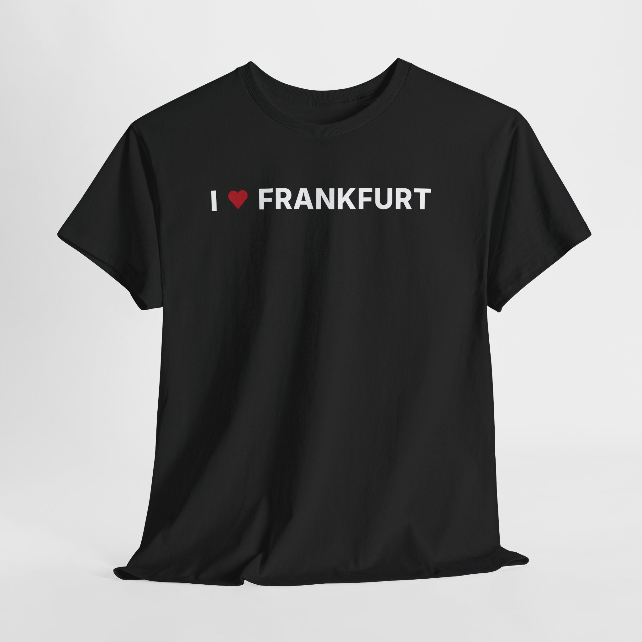 Black t-shirt with 'I ❤️ FRANKFURT' text on a light gray background. I Love Frankfurt T-Shirt – Frankfurt Germany Graphic Tee for Travel & Streetwear