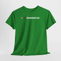 Green t-shirt with 'I ❤️ DAMASCUS' text on a white background