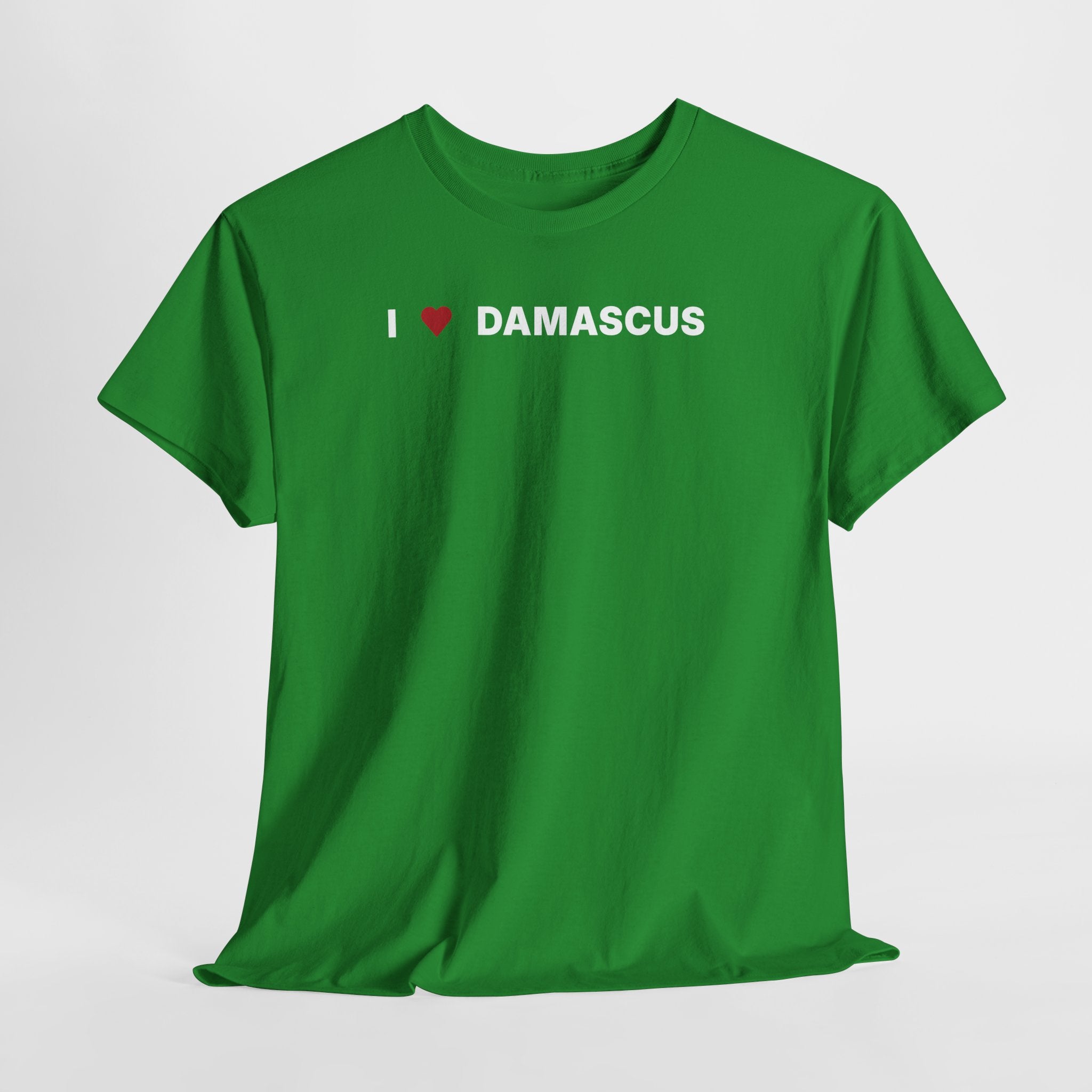 Green t-shirt with 'I ❤️ DAMASCUS' text on a white background