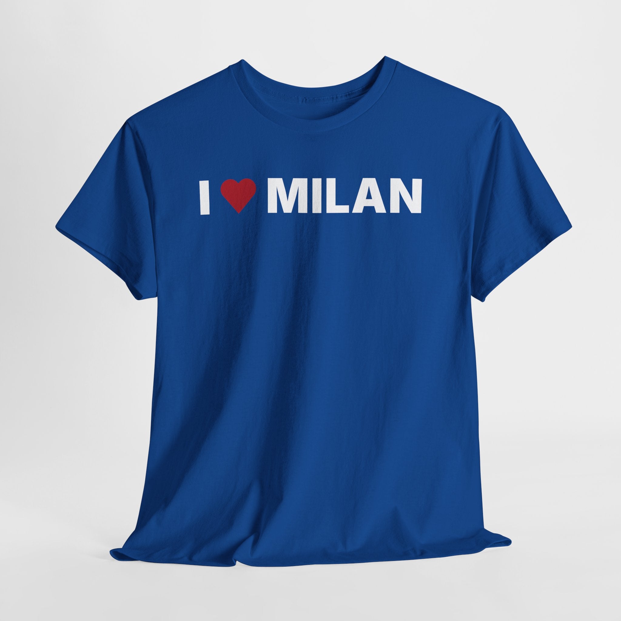 Blue t-shirt with 'I ❤️ MILAN' text on a light gray background. I Love Milan T-Shirt – Stylish Milan Italy Graphic Tee for Travel & Fa…

