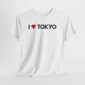 White t-shirt with 'I ❤️ TOKYO' text on a light gray background. I Love Tokyo White Tee – Tokyo Japan Graphic T-Shirt for Travel & Streetwear