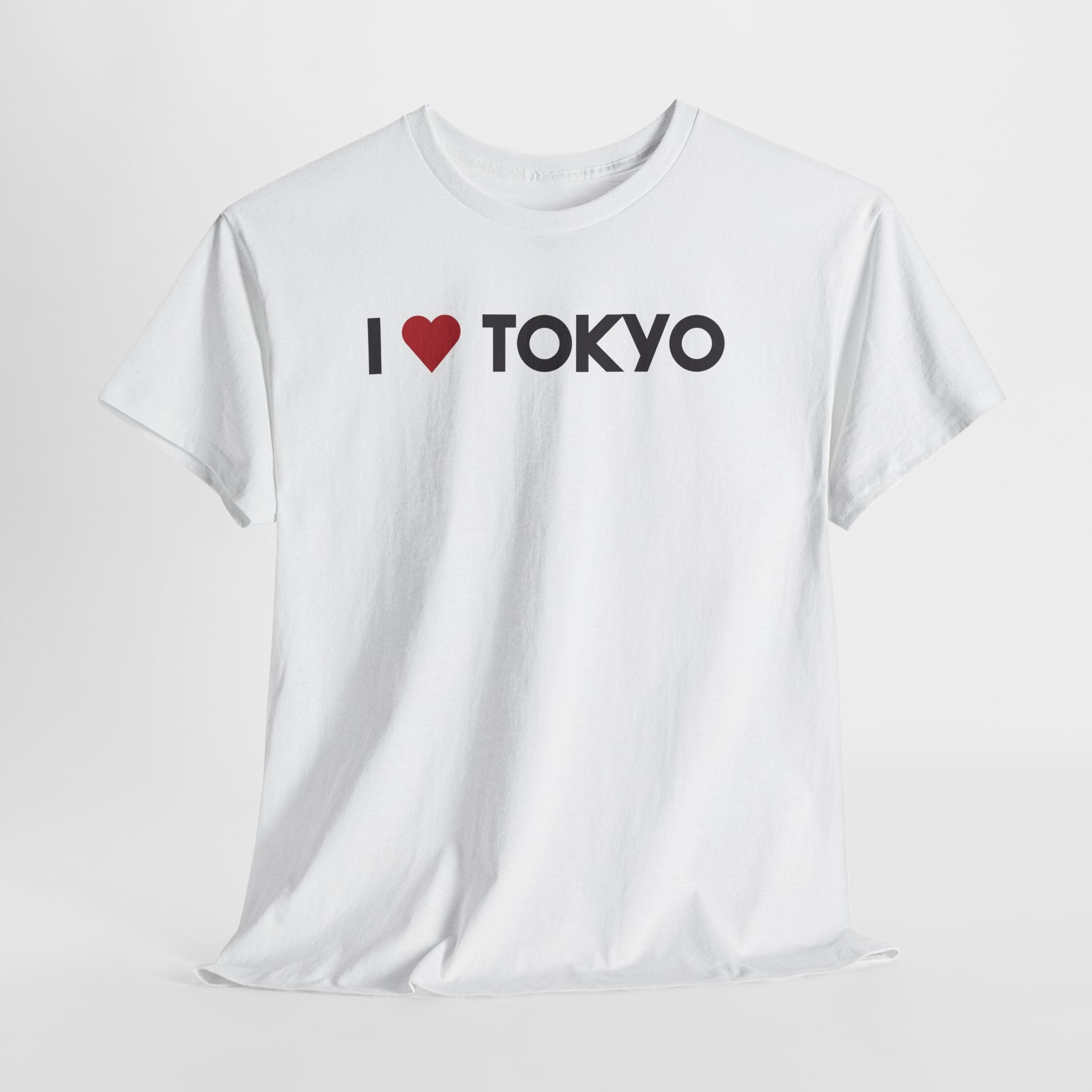 White t-shirt with 'I ❤️ TOKYO' text on a light gray background. I Love Tokyo White Tee – Tokyo Japan Graphic T-Shirt for Travel & Streetwear