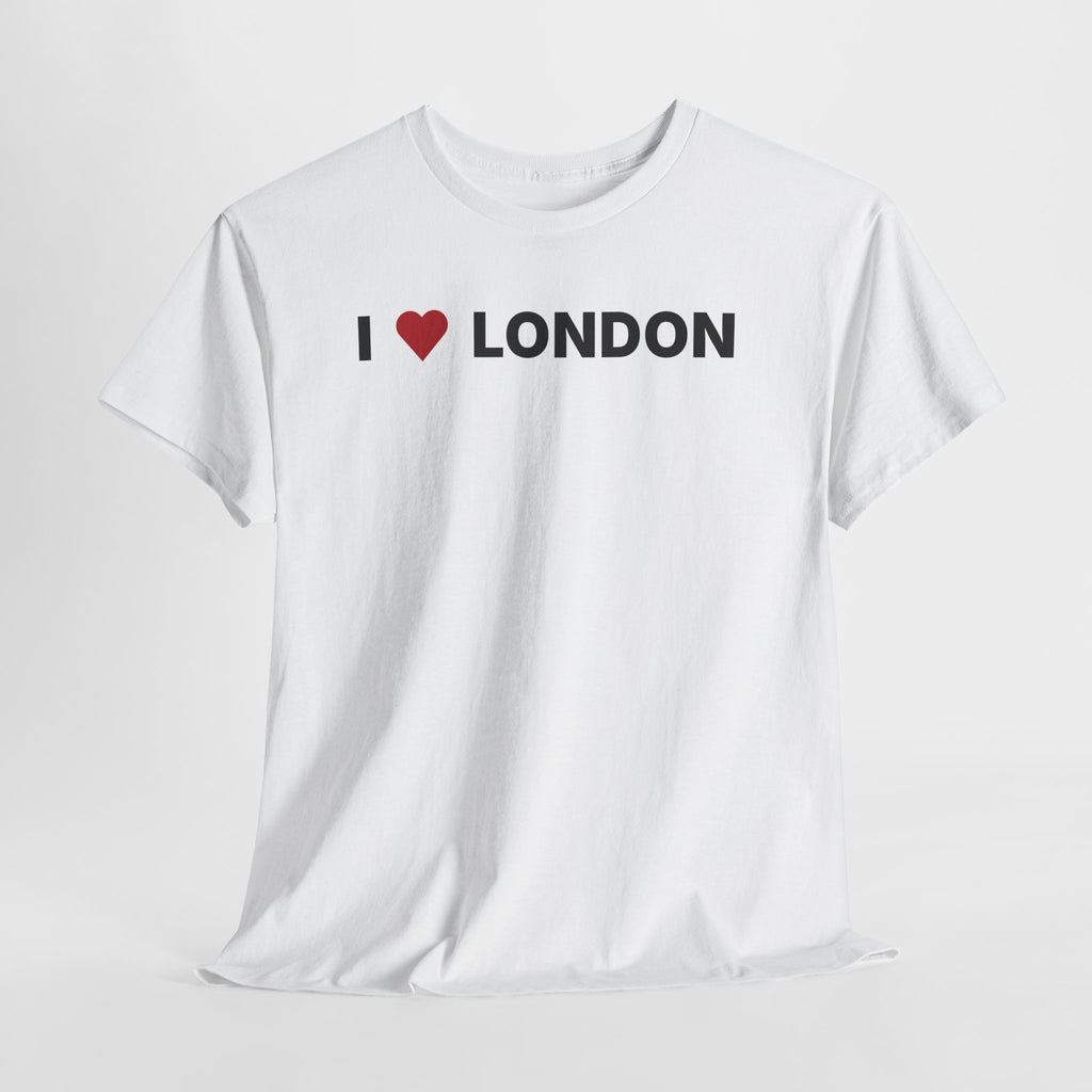 White t-shirt with 'I ❤️ LONDON' text on a light gray background.  I Love London White Tee – London UK Graphic T-Shirt for Travel & Streetwear