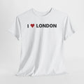 White t-shirt with 'I ❤️ LONDON' text on a light gray background.  I Love London White Tee – London UK Graphic T-Shirt for Travel & Streetwear