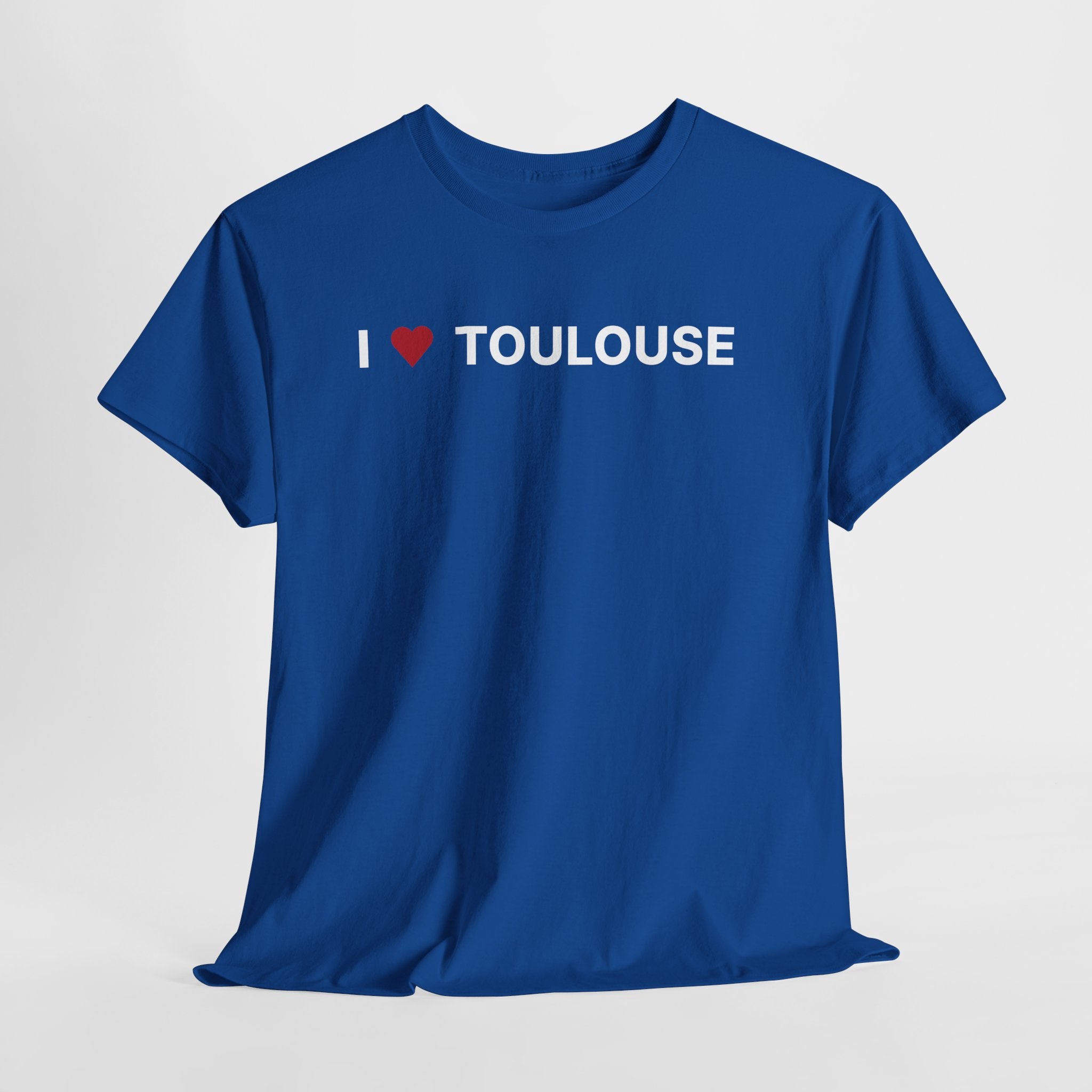 Blue t-shirt with 'I ❤️ TOULOUSE' text on a light gray background.  I Love Toulouse T-Shirt – Toulouse France Graphic Tee for Travel & Streetwear