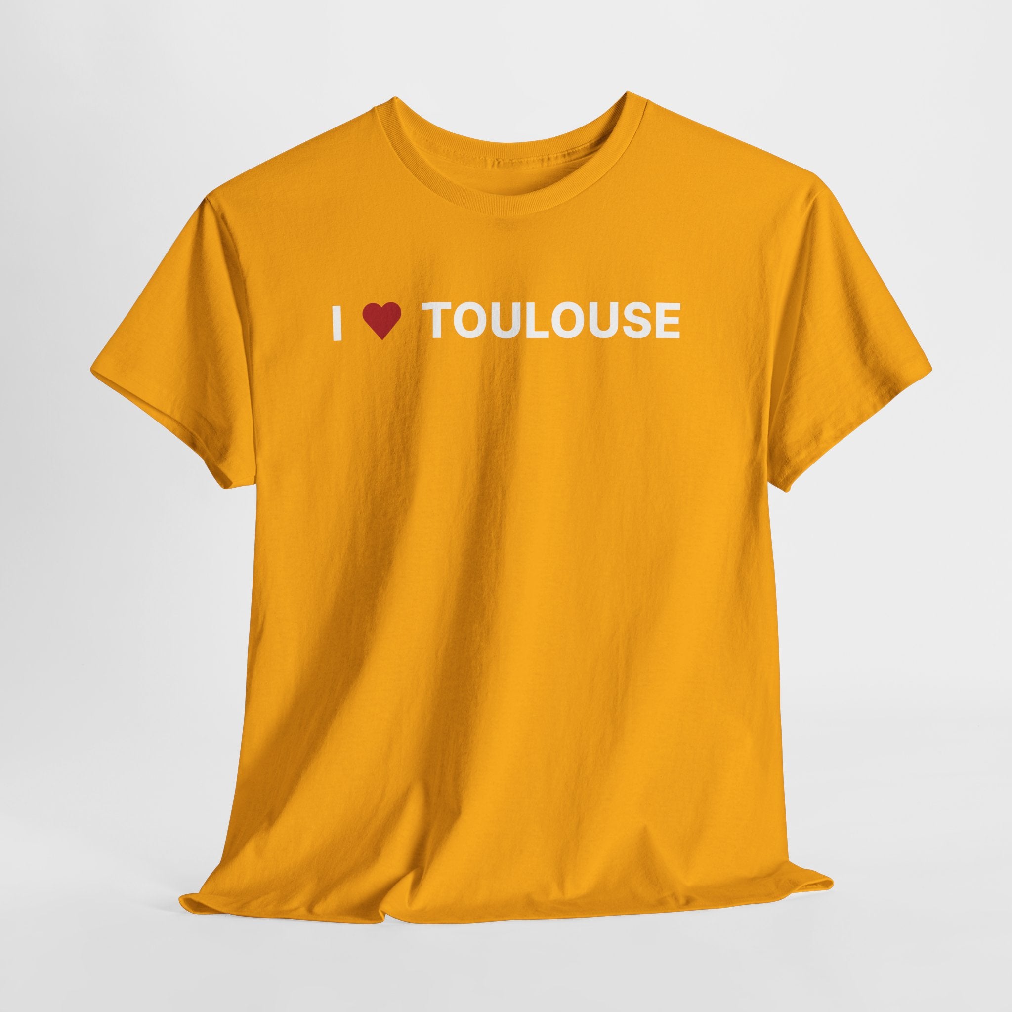 Oranget-shirt with 'I ❤️ TOULOUSE' text on a white background. I Love Toulouse T-Shirt – Toulouse France Graphic Tee for Travel & Streetwear