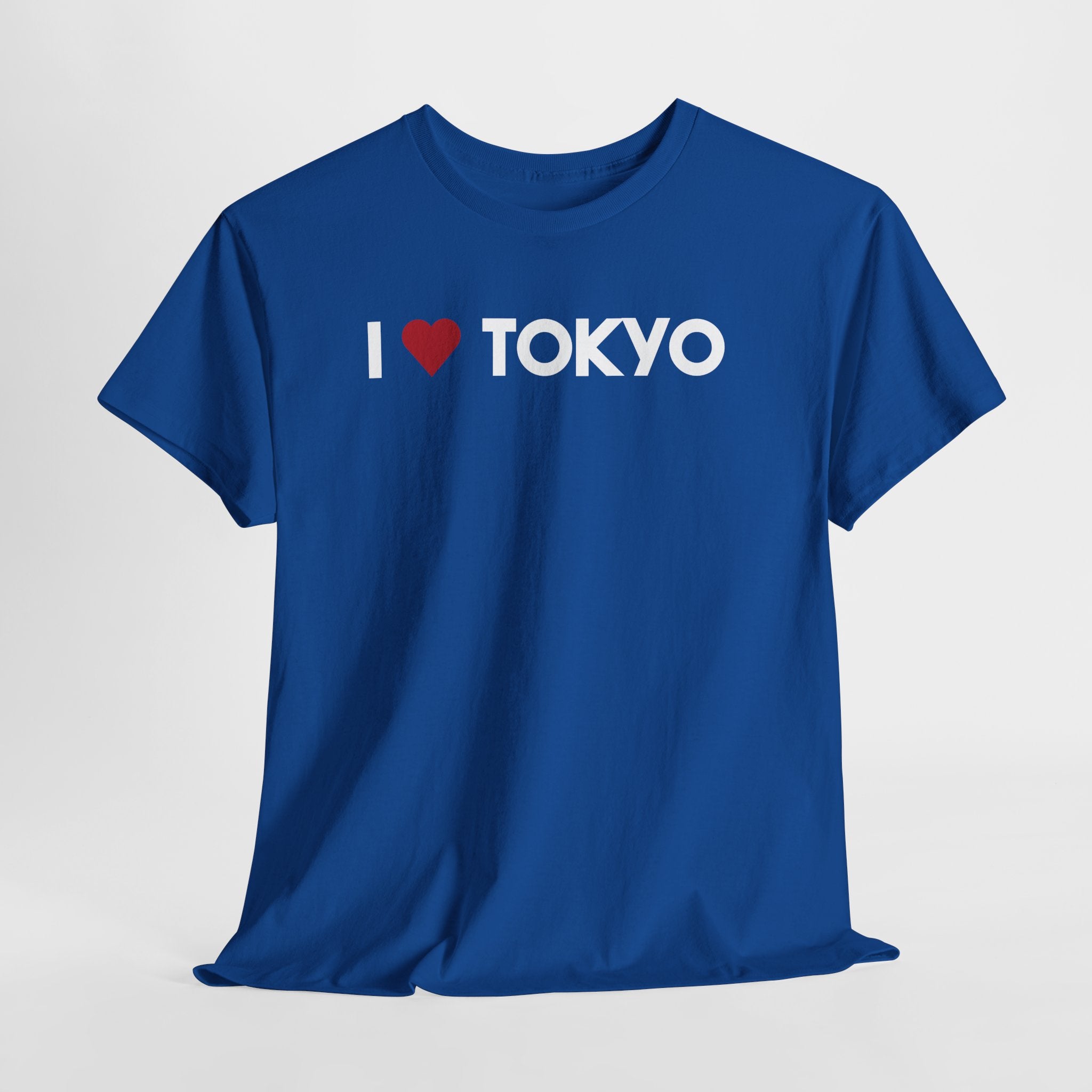 Blue t-shirt with 'I ❤️ TOKYO' text on a light gray background