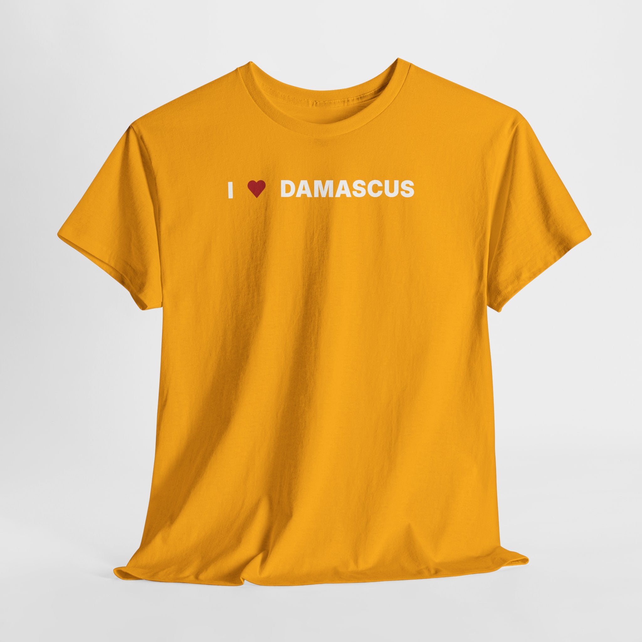 Yellow t-shirt with 'I ❤️ DAMASCUS' text on a white background